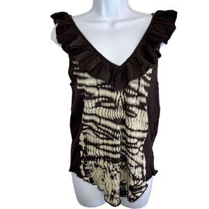 Chaser Dk Gray Black Print Ruffle Flutter Collar V- Neck Sleeveless Top Sz M NWT